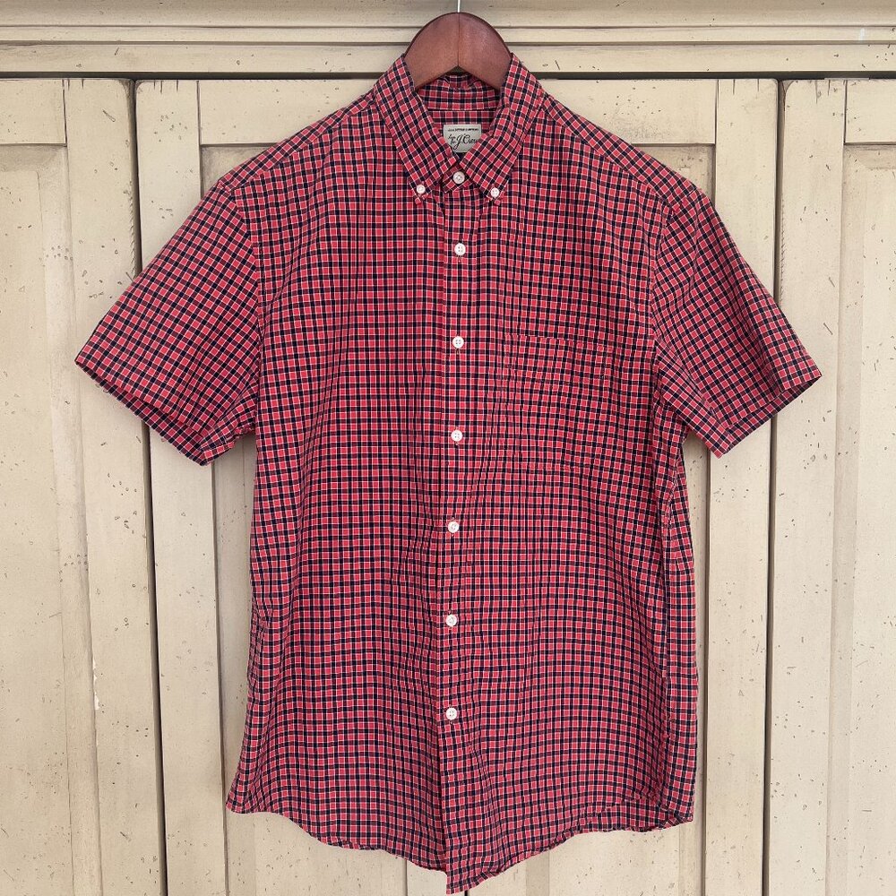 J.Crew Red and Navy Plaid Short Sleeve Button Down Shirt, Size Medium